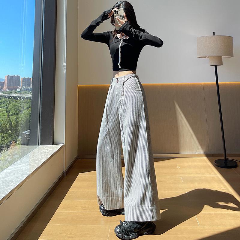 Women's Retro Striped Wide-Leg Pants, 2026 Spring/Summer, Tie-Up Loose Fit, Versatile Old Money Style.