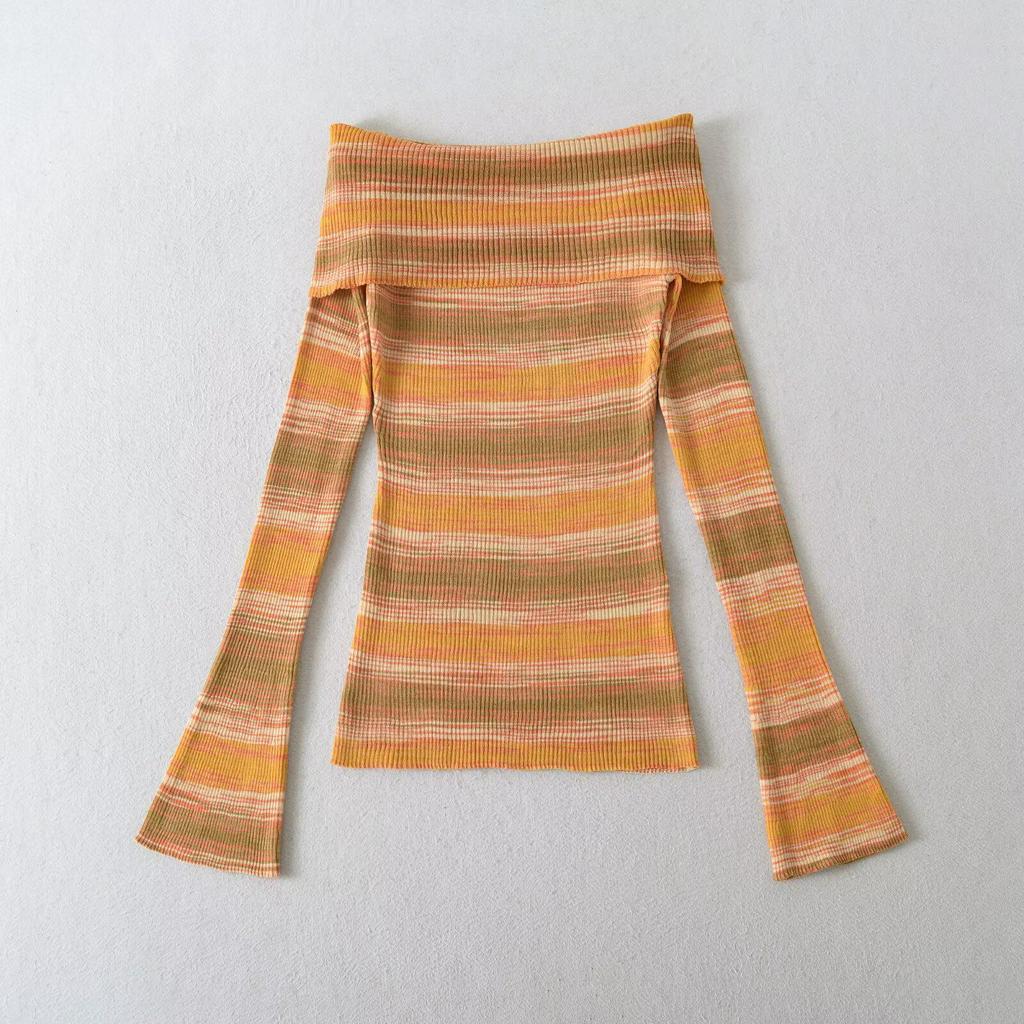 Spring French Retro One-Shoulder Striped Sweater