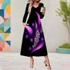 Women Plus Size V Neck Long Sleeve Black Purple Floral Print A Line Midi Dress With Pockets
