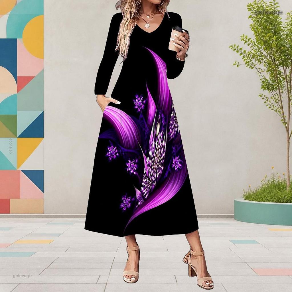 Women Plus Size V Neck Long Sleeve Black Purple Floral Print A Line Midi Dress With Pockets