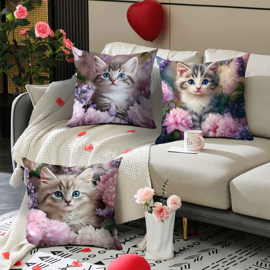 4pcs Lavender kitten pattern digital printing pillow cover Short plush Suitable living rooms bedrooms sofas throw cushion cover