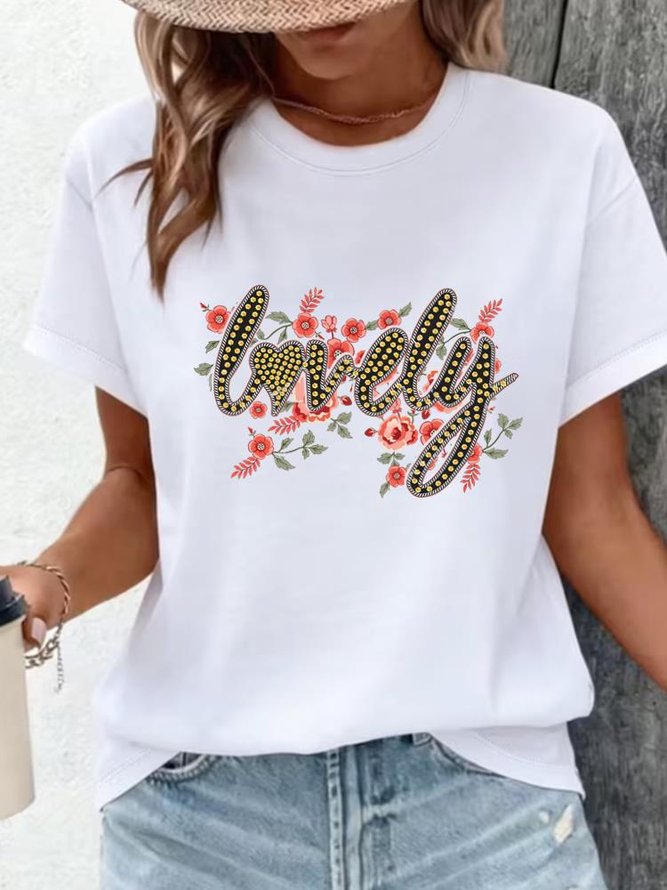 (Asian Size) Clothing T Shirt Print flower sweet Female Woman Women Fashion Tee Top Short Sleeve Graphic T-shirts