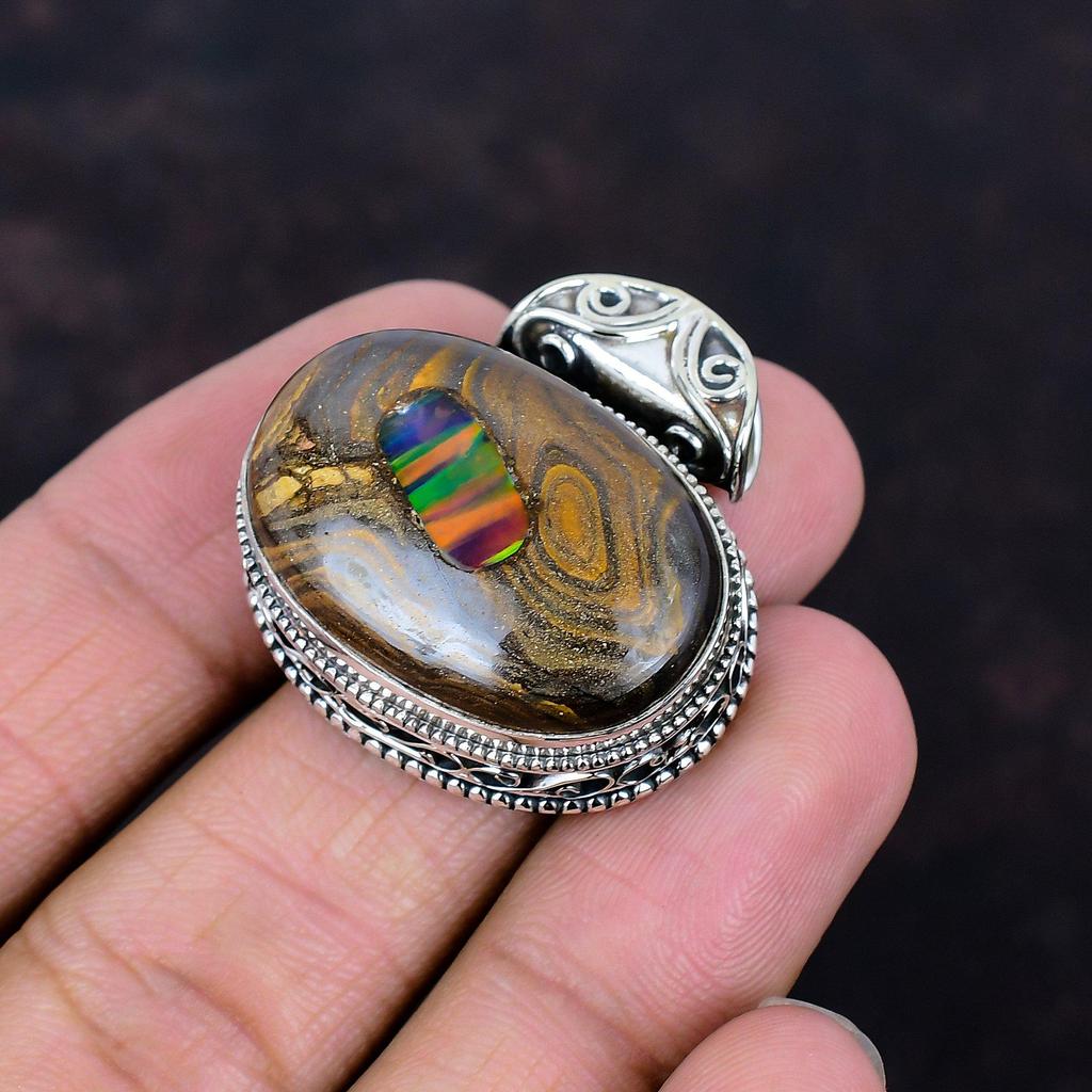 Ethopian opal in boulder opal pendant gemstone pendant 925 sterling silver pendant handmade pendant gifts for wife wonderful vintage jewelry