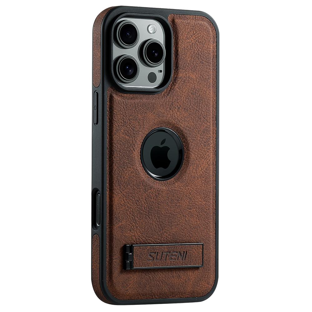 

SUTENI G2 For iPhone 16 Pro Magnetic Case Kickstand Litchi Texture Leather+TPU Cover Brown