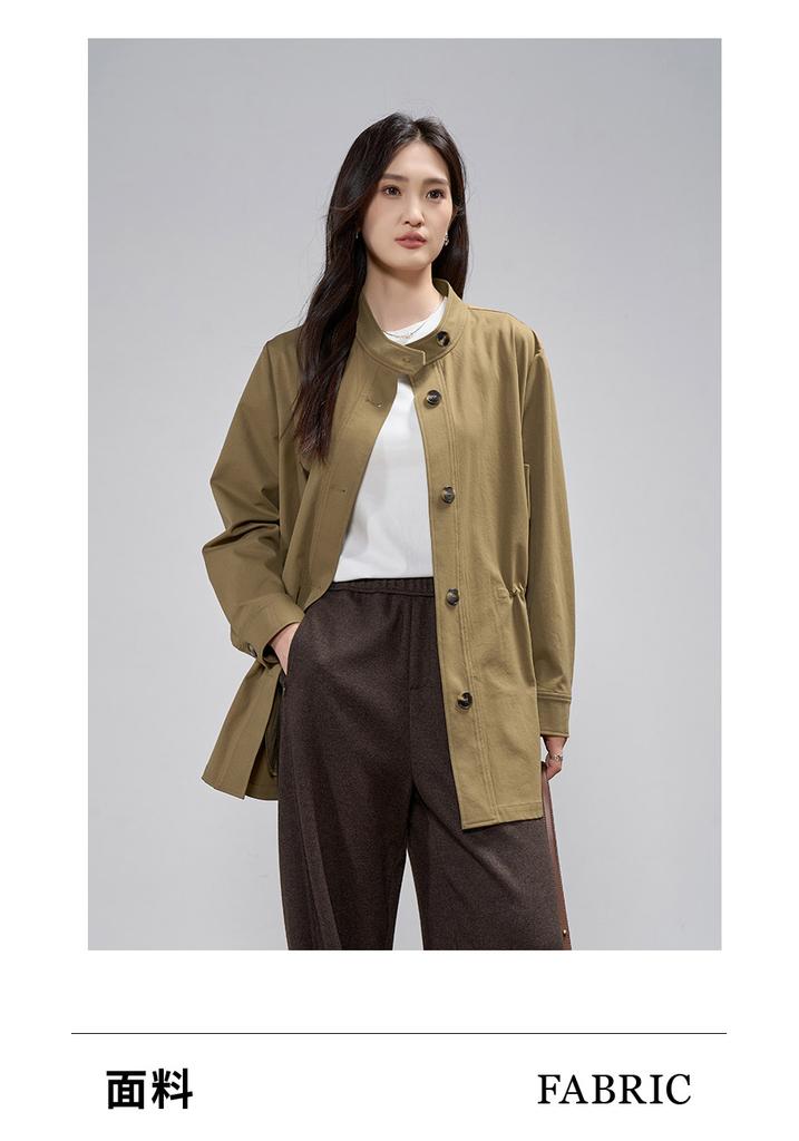 Casual drawstring stand up collar jacket, women's small waist windbreaker, loose top