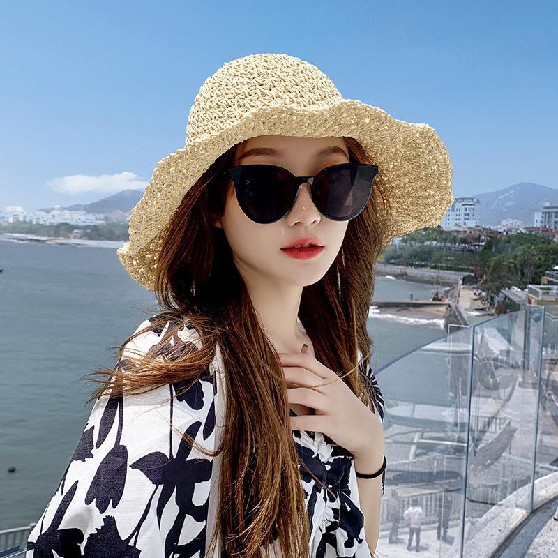 1Pcs Wide Brim Uv Protection Beach Cap Women Foldable Straw Sun Hat With Floral Decoration For Summer Travel Outdoor