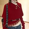 Women's Red Korean Style Sweater - Irregular Lapel Knitwear, Loose Fit, Slimming Design for Autumn/Winter
