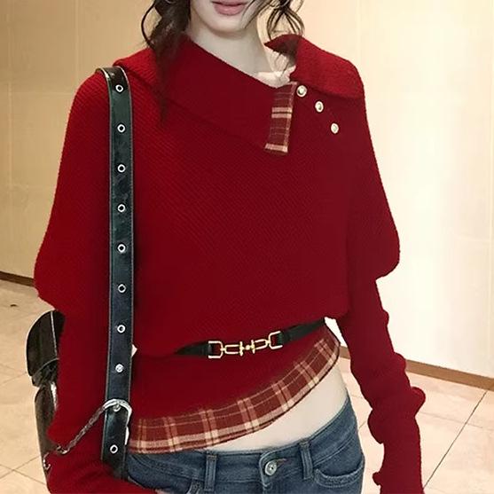 Women's Red Korean Style Sweater - Irregular Lapel Knitwear, Loose Fit, Slimming Design for Autumn/Winter