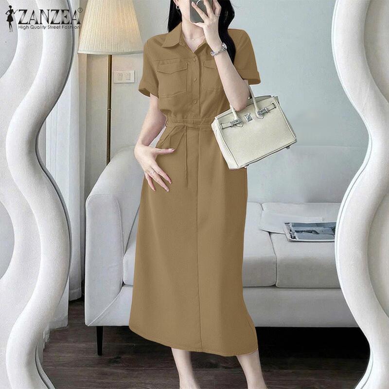 ZANZEA Women Casual Turn Down Collar Summer Short Sleeve Plain Dress