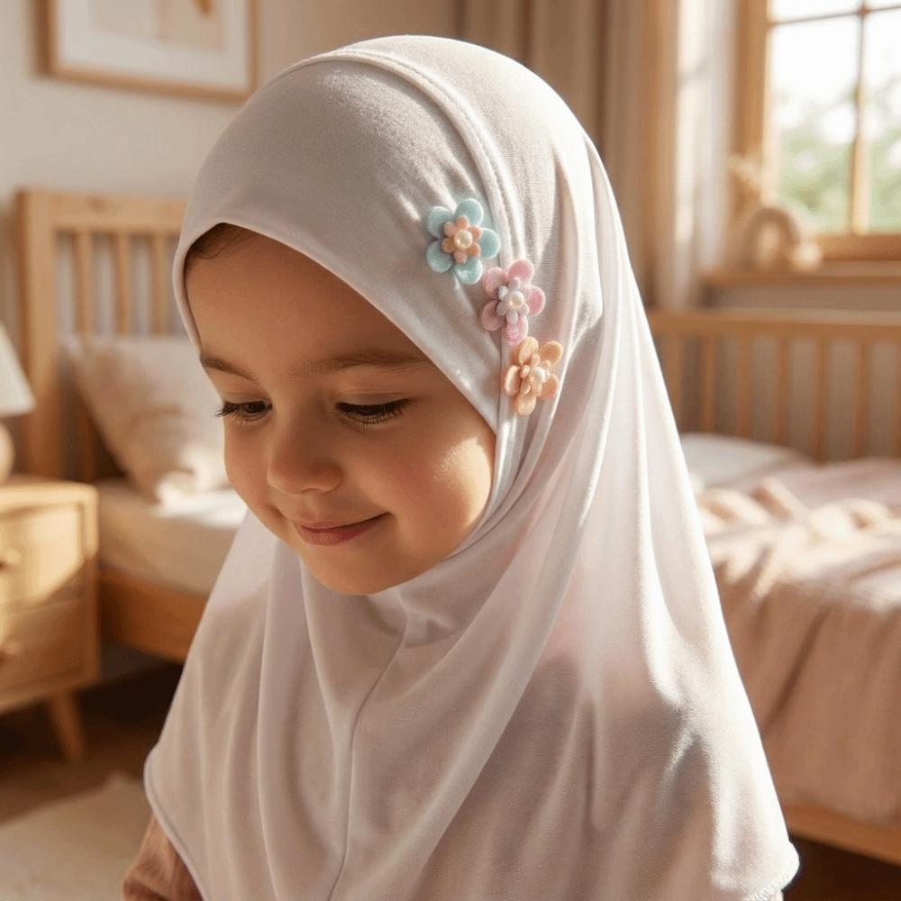 with Floral Ornament Little Girls Pull-On Hijab Soft Head Wrap Turban Cute Head Cover 2-6 Years