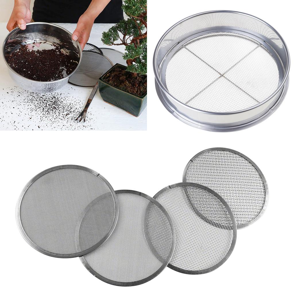 Stainless Steel Soil Sifter Set for Gardening 8 Inch Diameter with 4 Interchangeable Mesh Sizes 0.7/1/3/5mm