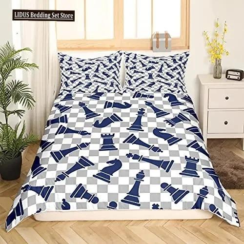 Internationell Schack Påslakanset Svart Vitt Rutigt Schackbräde Täcke Örngott Tävlingsspel För Pojkar Tonåringar Sängklädesset