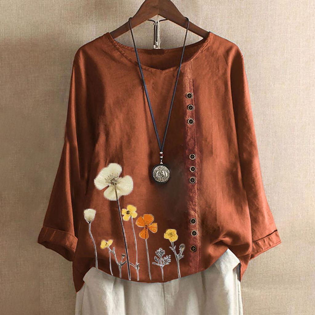 Women Casual Floral Print Long Sleeve Button  Loose T-Shirt Top Blouse