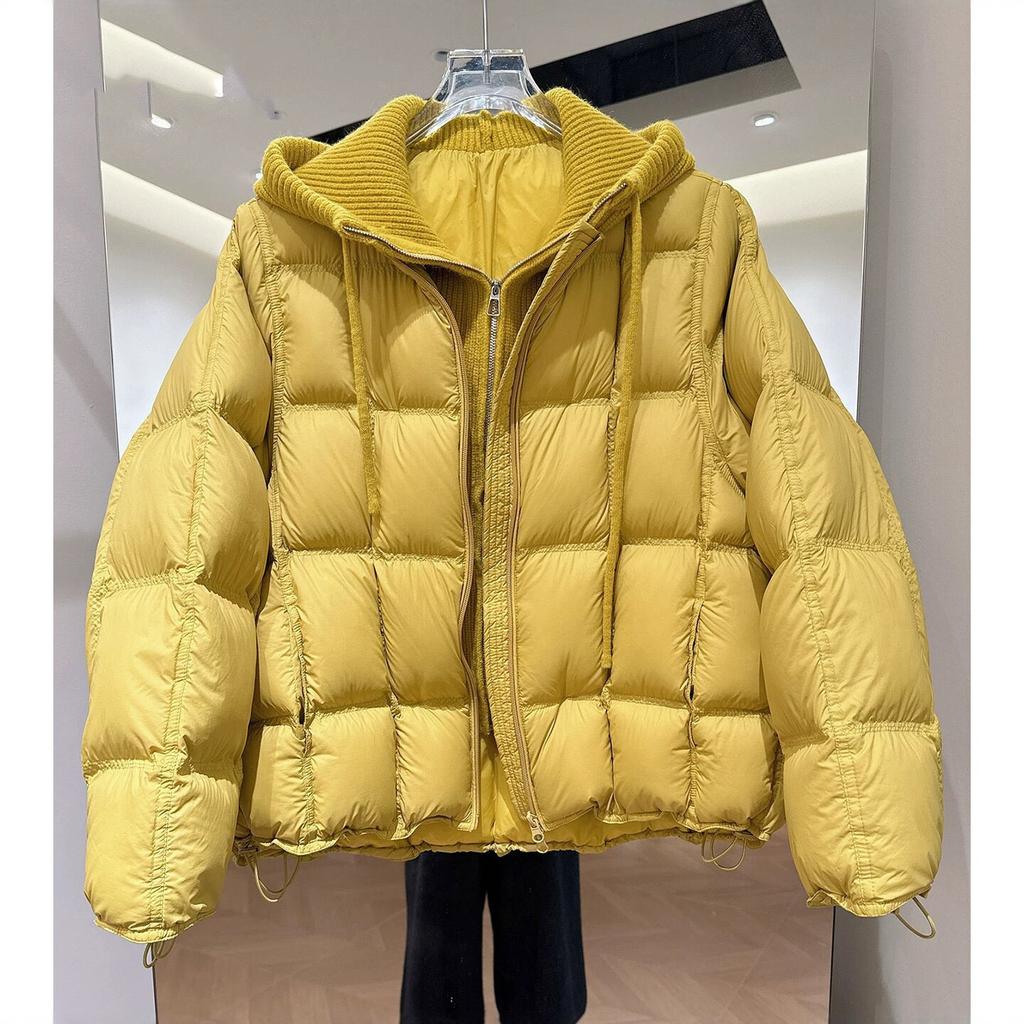 Knitted hooded puff cotton-padded clothes for women's new fake two-piece loose cotton-padded clothes, warm and thickened cotton-padded jacket.