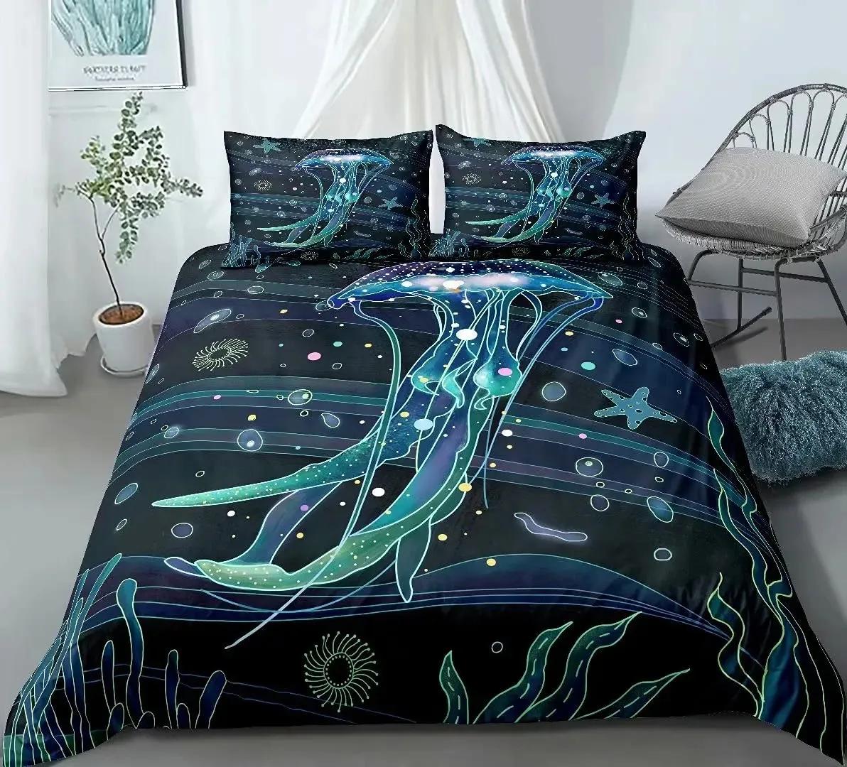 

Teal Comforter Cover Set King Size Ocean Decor,Jellyfish Duvet Cover Nautical Sea Bedding Set Marine Life Retro Sailboat Bed Set 70x133cm