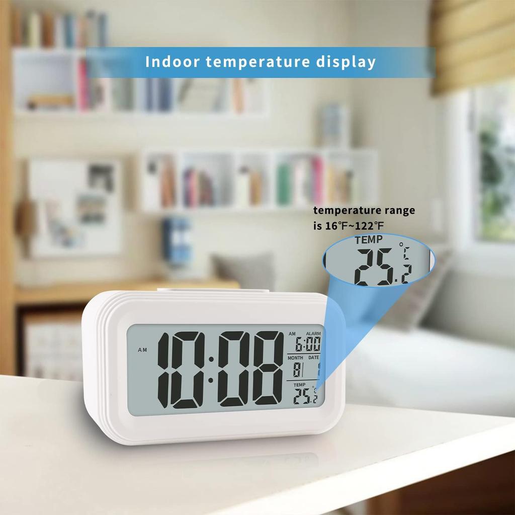 Digital Alarm Clock with Indoor Temperature, Battery Operated,Snooze Model,12/24H Display for Bedrooms Heavy Sleepers Kids Travel Bathroom Desk Smart