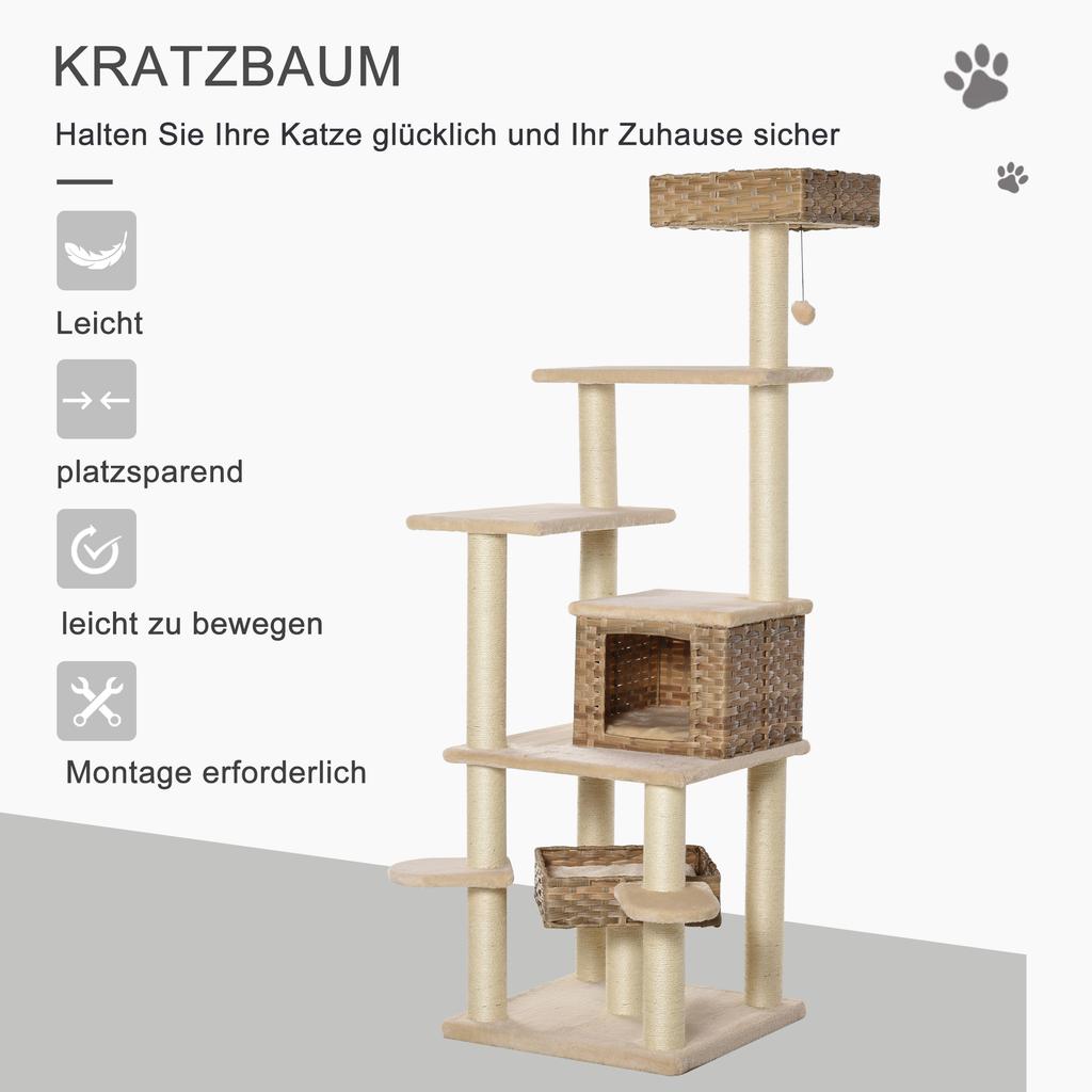 Rattan Cat Tree with Cat Den Multi-Level Cat Tree Climbing Tree for Cats E1 MDF Sisal Beige+Brown 55 x 55 x 174 cm