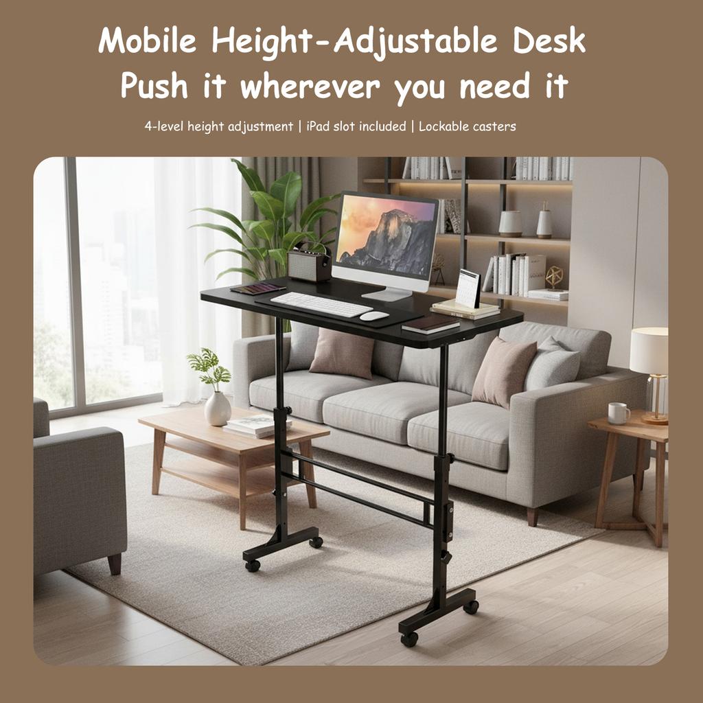 Mobile Stand Up Laptop Desk 16x31.5In 70-110cm Adjustable Height 4 Lockable Wheels 10KG Bearing for Home Office