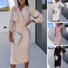 Fall Spring Women Dress V Neck Bubble Sleeves Formal Business Style Slim Fit Solid Color High Waist OL Commuting Office Midi Dress