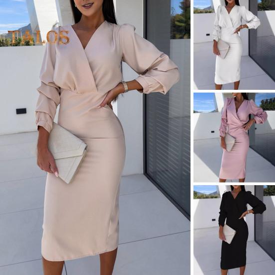 Fall Spring Women Dress V Neck Bubble Sleeves Formal Business Style Slim Fit Solid Color High Waist OL Commuting Office Midi Dress