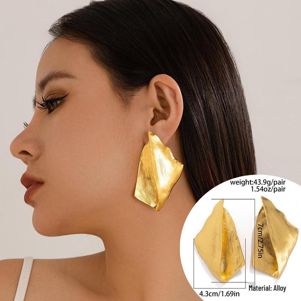 European & American Cross-border Irregular Geometric Metal Water Drop Earrings with Exaggerated Pleated Texture