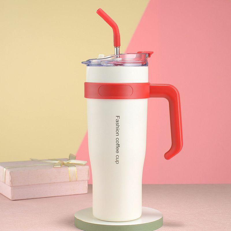 40oz Car Cup Stainless Steel Large Capacity Thermos Cup High-Value Coffee Cup for Women Portable Straw Ice Cup Cross-Border Red 1.2L/40Oz
