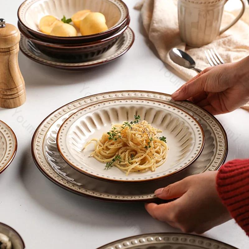 Vintage Circular Ceramic Plates Light Luxury Restaurant Pasta Salad Plate Delicious Dishes Dining Plate Exquisite Home Tableware