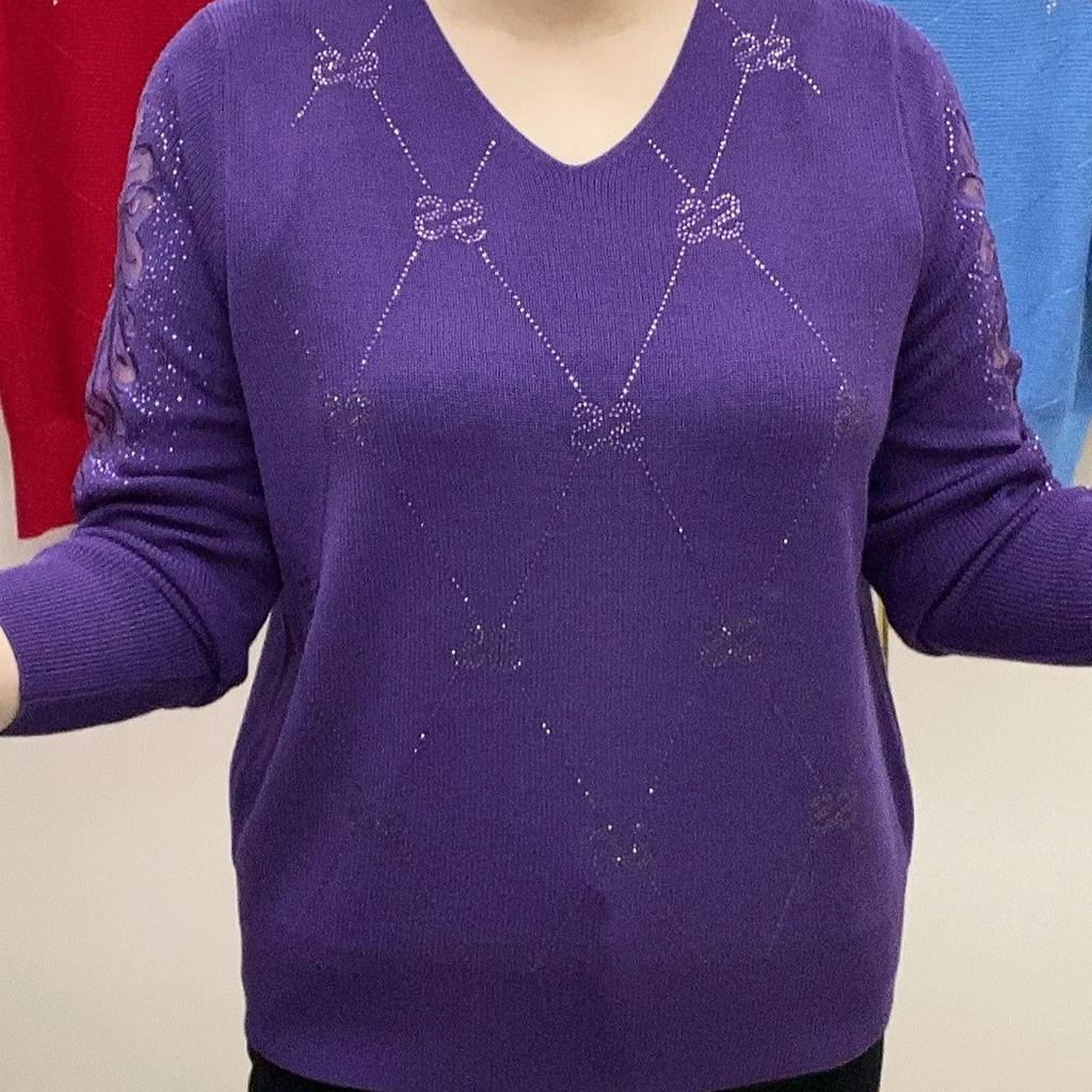 Frühling Herbst Damen V-Ausschnitt Pullover Lockere Passform Strasssteine Lochstrick Überzieh-Pullover