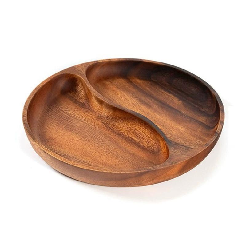 Wood Divided Serving Tray Appetizer Platter Snacks Tray with Dining Grid Round Serving Dishes Nut Holder Platters