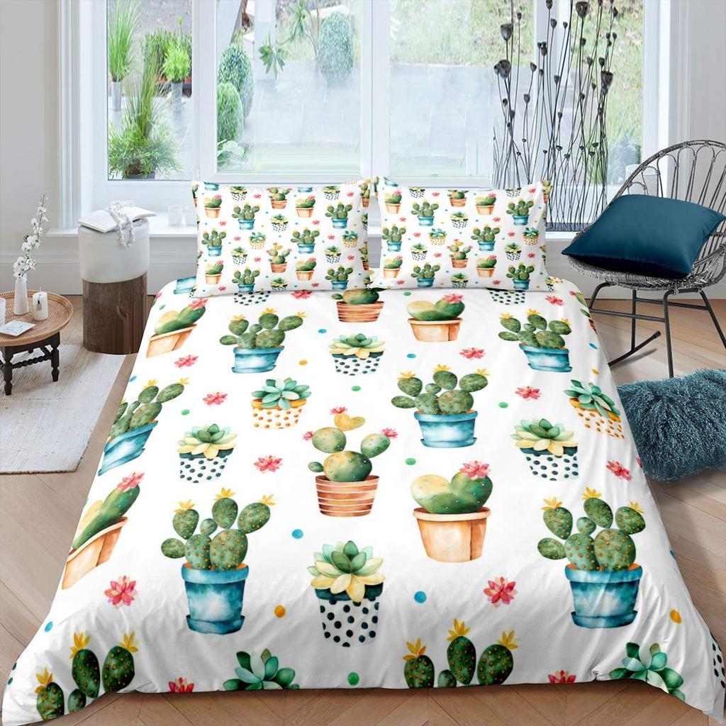 Floral Bedding Set 3pcs Cactus Succulents and Flowers Decor Comforter Cover Plant Soft Polyester Quilt Cover with 2 Pillow Cases