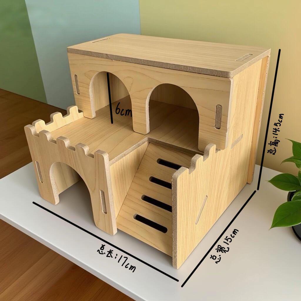 Golden Silk Hamster Villa: Interactive Wooden House with Platform, Climbing Ladder, and Hiding Spots - Complete Set for Landscaping.