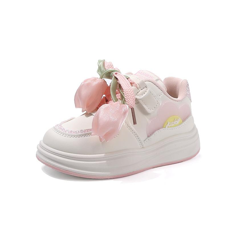 Dievčenské topánky princeznovské topánky 2025 tulipán ľahké detské tenisky s mäkkou podrážkou board shoes jeseň priedušné biele topánky