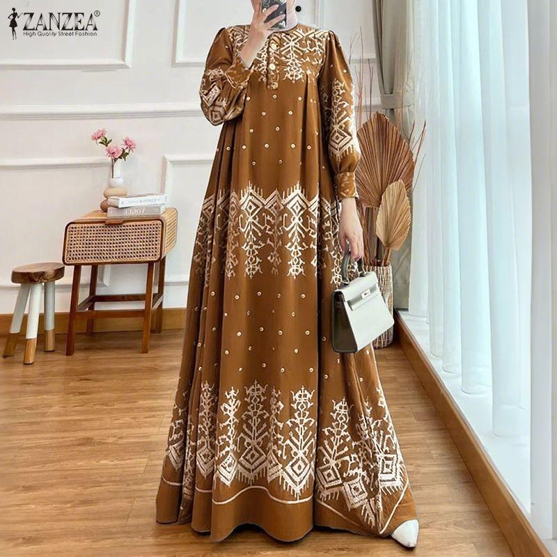 ZANZEA Dames Casual Ronde Hals Lange Mouwen Losse Print Jurk
