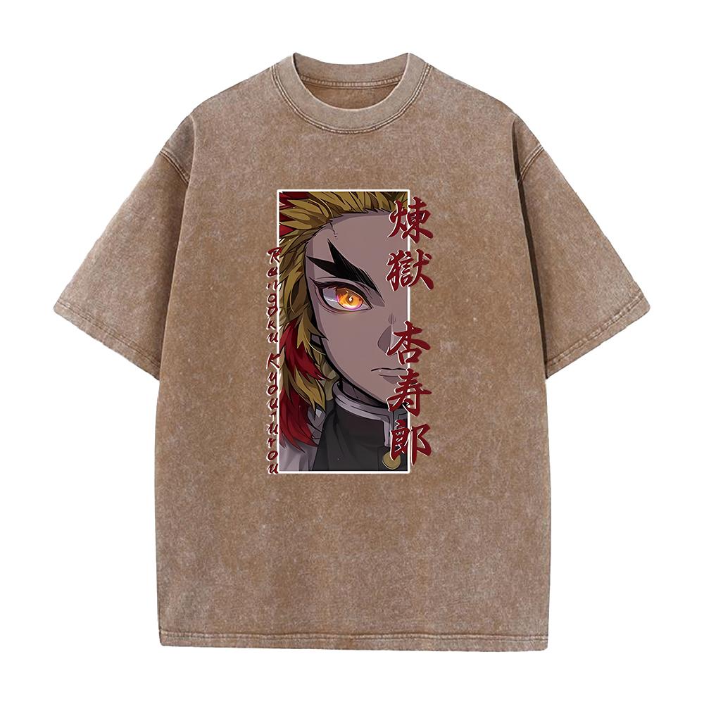 Harajuku Anime Demon Slayer Rengoku Kyoujurou Print Washed T Shirt Men Vintage Casual T-shirts Hip Hop Male Cotton Tshirt