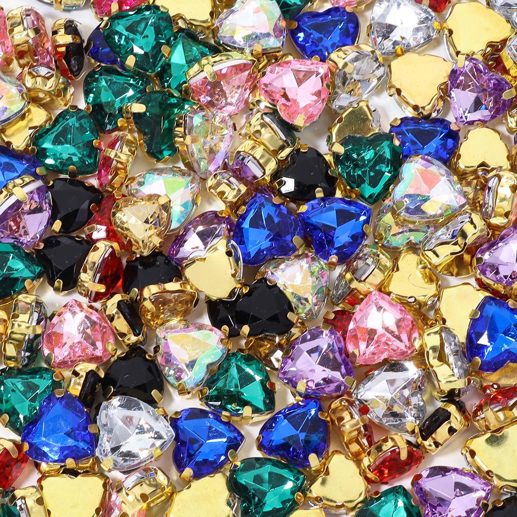 30pcs/lot 10/12mm Heart Shape Acrylic Sew On Rhinestones Stainless Steel Golden Claw Beads For DIY Clothes Jewelry Decoration