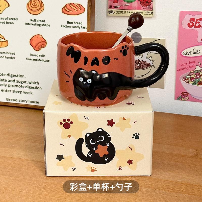 Cute Cat Stackable Ceramic Mug, Couple Coffee Cup for Home and Office, Creative Cat Drinking Cup Gift for Women