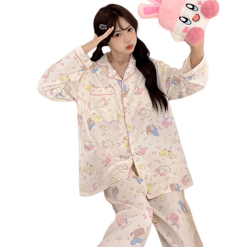 Milk Huhu Cute Cartoon Printed Pajamas Women'S Autumn Long-Sleeved Suit Loose Loungewear Can Be Worn Outside