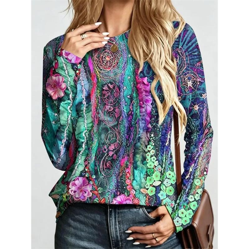 3D Casual Color Printing Casual Long SleeveFashion Women's Crew Neck Long Sleeve Crew Neck T-Shirt