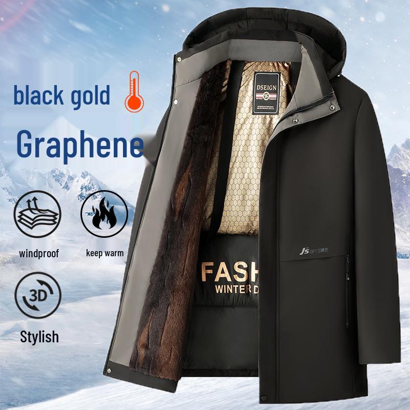 Men's Black Gold Mid-Length Winter Jacket - Thickened, Velvet-Lined, Loose-Fit Dad's Wear