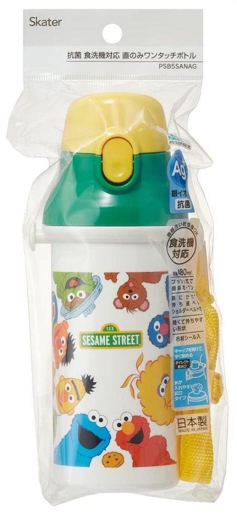 Skater Children's Water Bottle, 480ml, Direct Drinking, Plastic, One-Touch Operation, Dishwasher Safe, Made In Japan, Sesame Street Design, for Boys