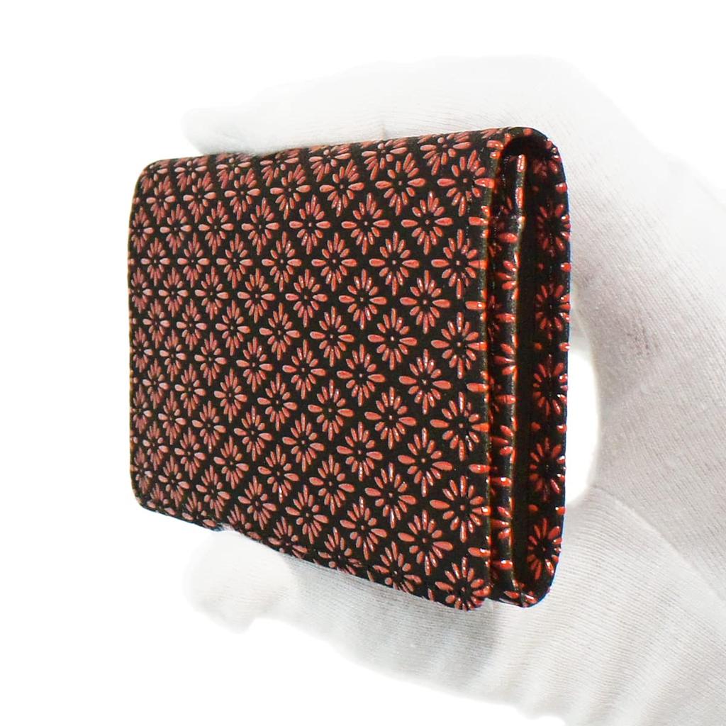 [Inden-ya] Inden Business Card Case, Large Capacity, Deerskin Leather, Black with Red Lacquer, Diamond and Chrysanthemum Pattern, 2501-21-017