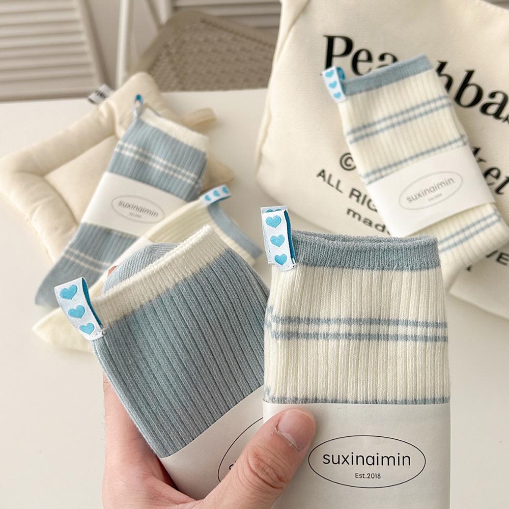 Spring And Autumn Cream Baby Blue Stripe Small Fresh Heel Love Cloth Label Double Needle Mid-Tube Socks Pile Socks For Women