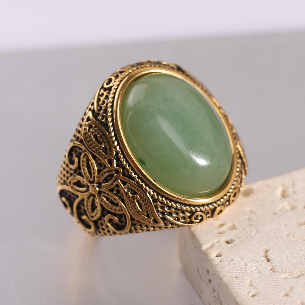 22mm Stainless Steel Men Rings Wholesale Vintage Pattern Personalized Fashion Retro Natural Stone Ring for Women Men Jewelry