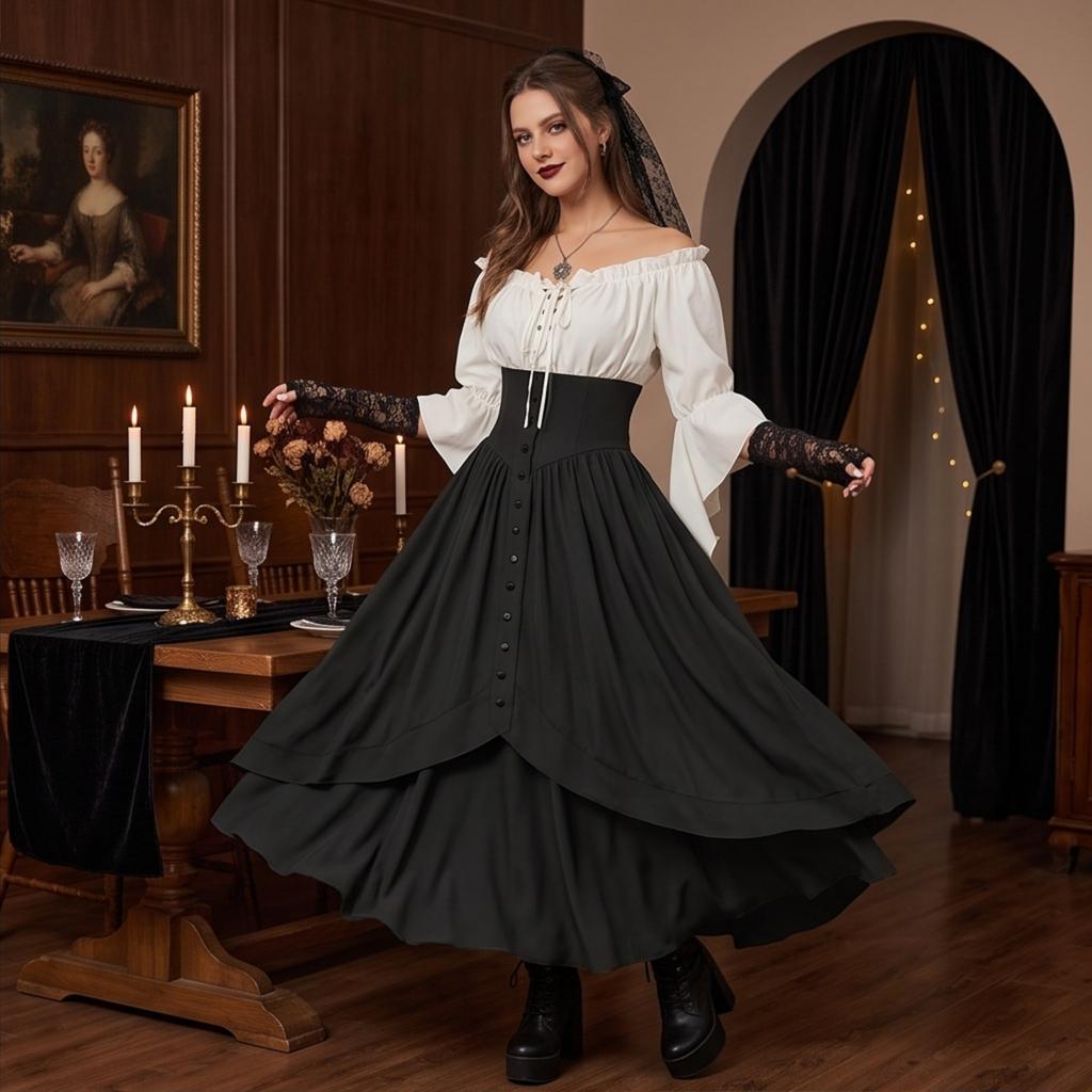 Damen Spitzen-Zweiteiler-Set (Oberteil und Rock) für Halloween-Kostüm