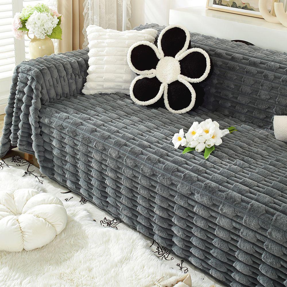 Simple New Rabbit Fur Sofa Towel Solid Color Thick Winter Anti Slip Cover Cloth Plush Couch Covers Sofa 3 Seater Armrest Blanket