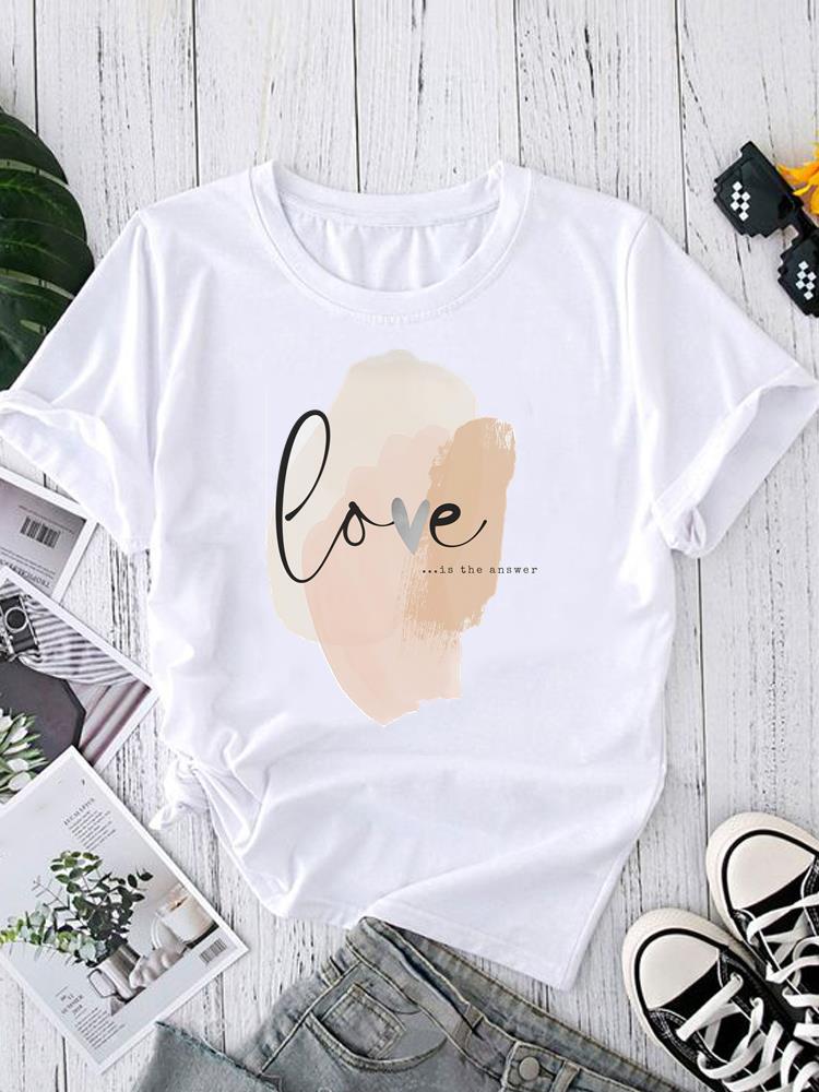 (Asian Size) Love Letter Style Short Sleeve T-shirts Women's Top Print O-neck  Fashion Female Casual T Clothing Graphic Tee