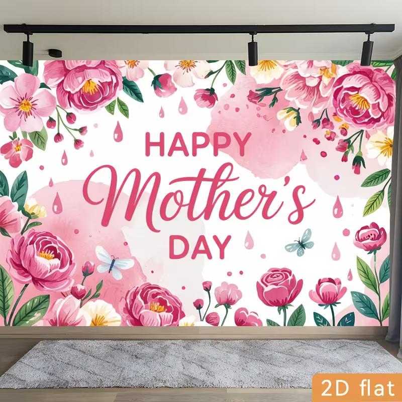 2D Mother's Day Photography Backdrop with Watercolor Pink Flowers and "Happy Mother's Day"