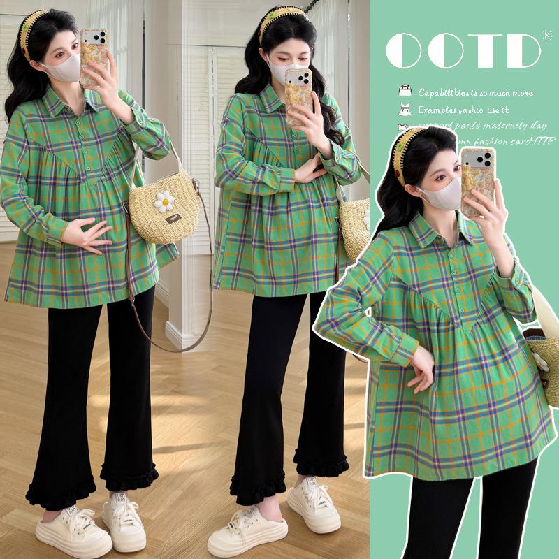 2026 Spring Plaid Maternity Lapel Shirt - Fresh, Loose, Belly-Covering Top 2X Large
