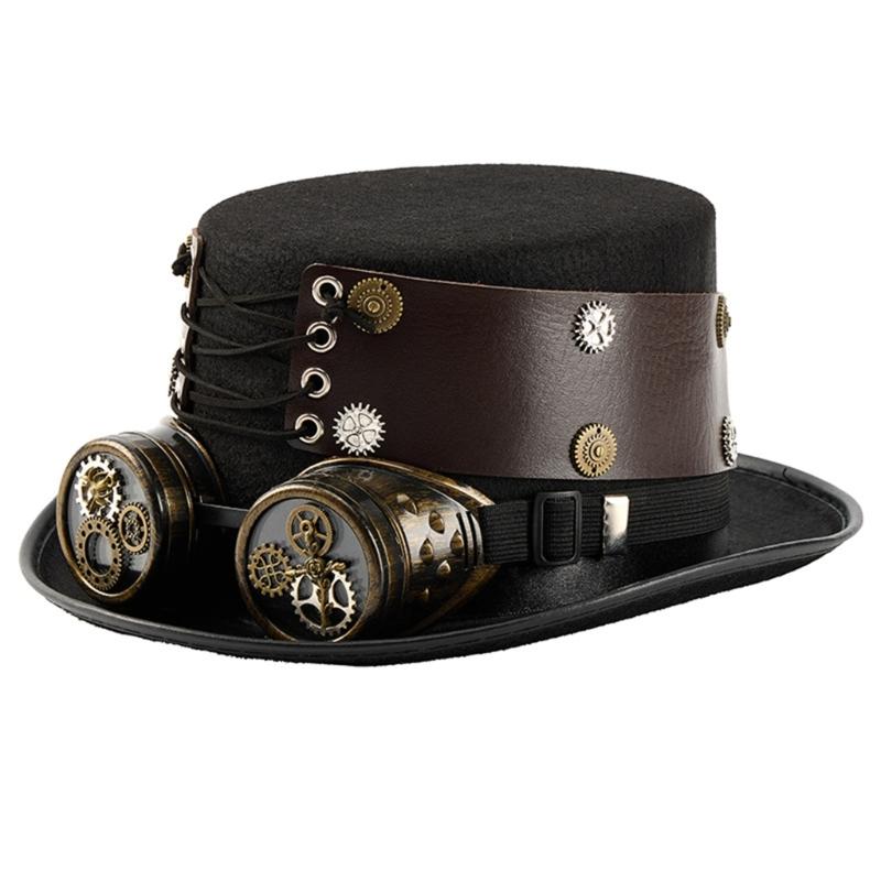 Victorian Industrial Cosplay Hat with Removable Goggles PU Leather Headwear For Adult Men Women Stage Performances