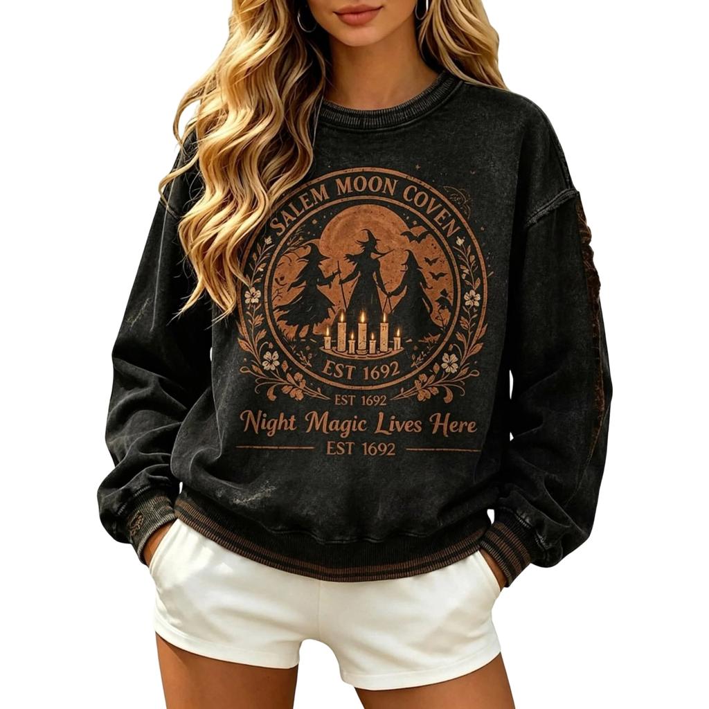 Women's Halloween Print Long Sleeve Neck Sweatshirt Casual Fall Pullover Top